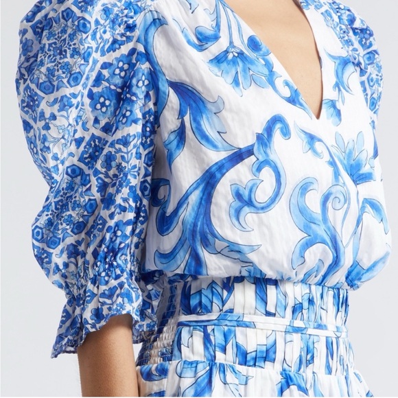 Ramy Brook Susan Watercolor Puff-Sleeve Minidress in Spring Navy Positano - Picture 8 of 11